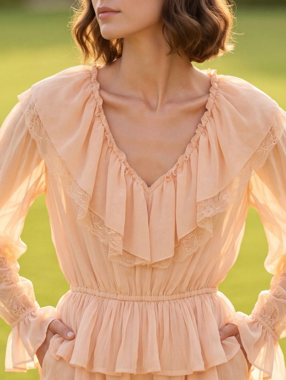 Caroline Constas Sheer Ruffle Lace Blouse US S Blush Peach Peplum Romantic NWT
